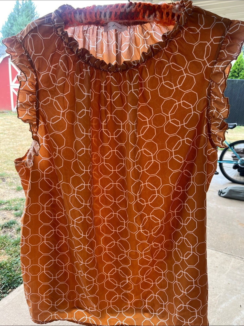 Ces Femme Rust Orange Geometric Ruffle Sleeve Blouse